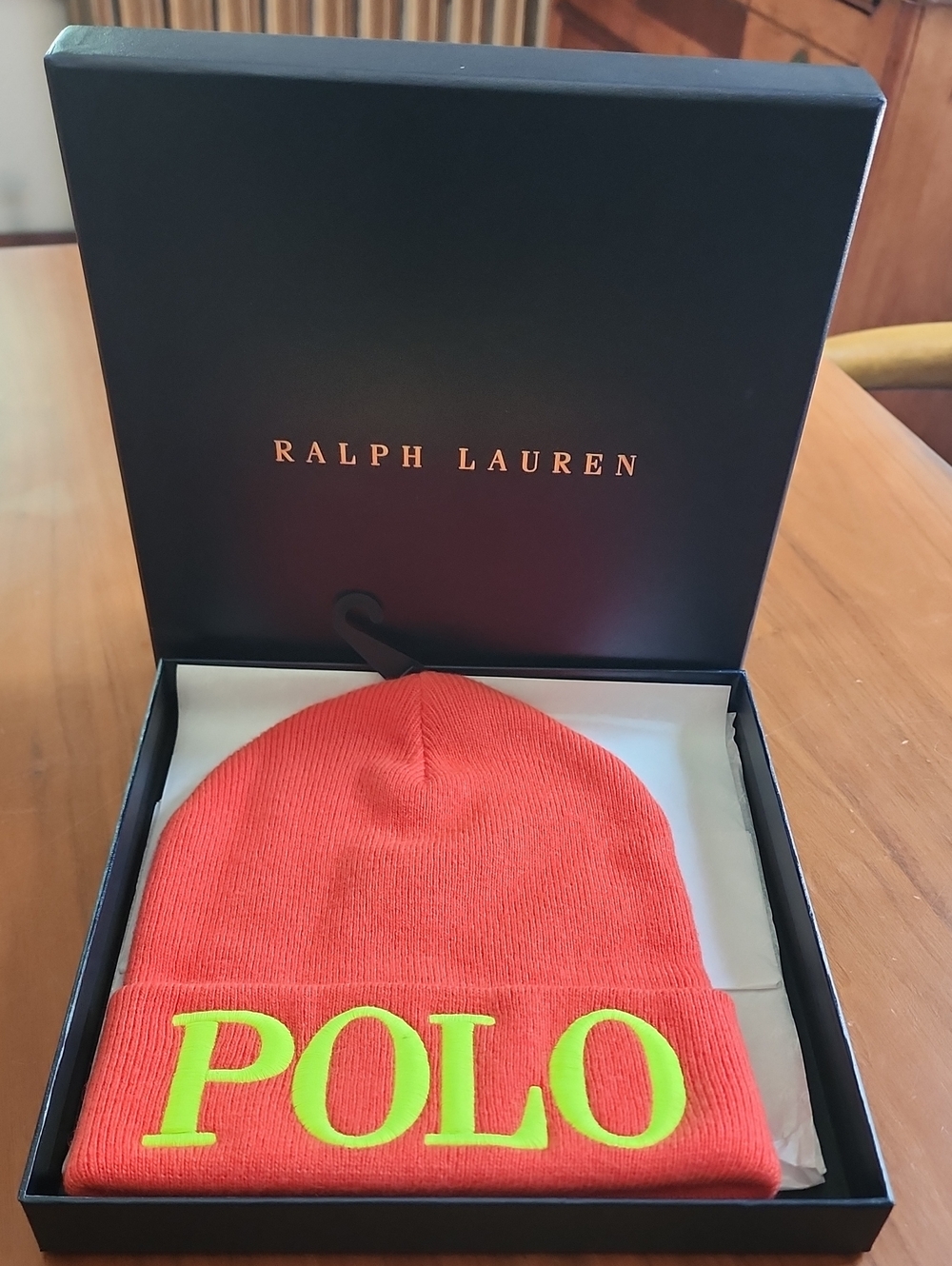 NWT Polo Ralph Lauren Spell-Out Knit Cuff Beanie Neon Orange 4PF238